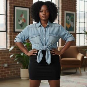 Faded Denim Crop Top Pearl Button Roll Up Sleeve Front Pockets Sz XL Jeans Shirt